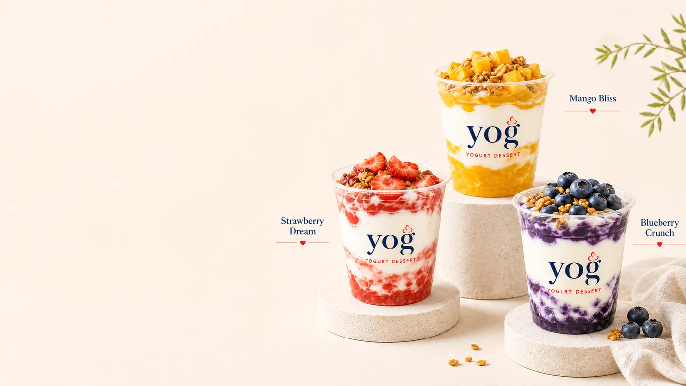 Mango Bliss, Strawberry Dream and Blueberry Crunch yogurt cups